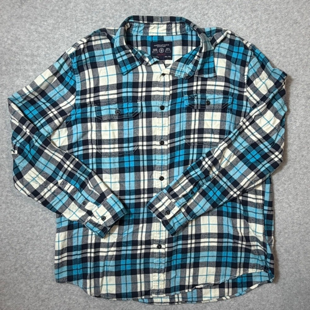 American Eagle Mens XXL Flannel Shirt Blue Plaid Athletic Fit Long Sleeve Y2K